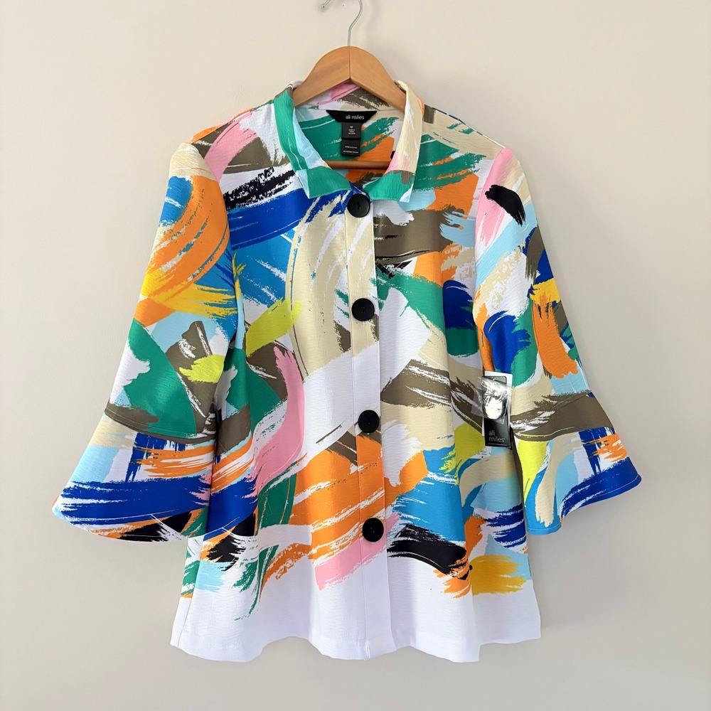 Ali Miles Jacket M Multi Abstract Brushstroke Bell Sleeve Button Up NEW